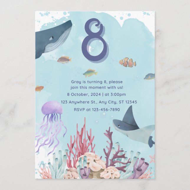 Invitación de cumpleaños de animales en el mar acu (Anverso)