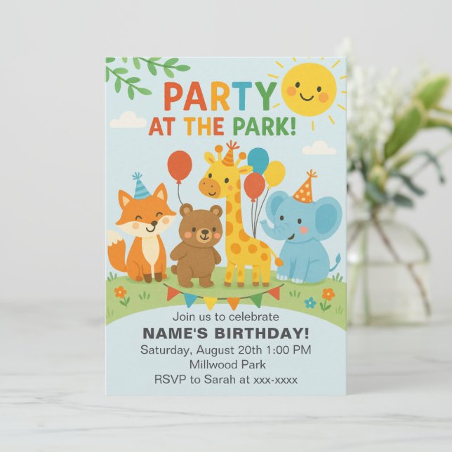 Invitación de cumpleaños de animales en el parque (Anverso de pie)