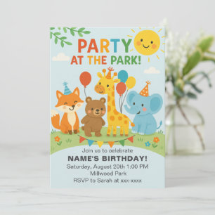Invitación de cumpleaños de animales en el parque
