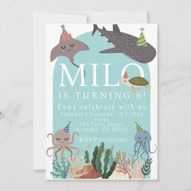 Invitación de cumpleaños de animales fiestas (mar) (Anverso)