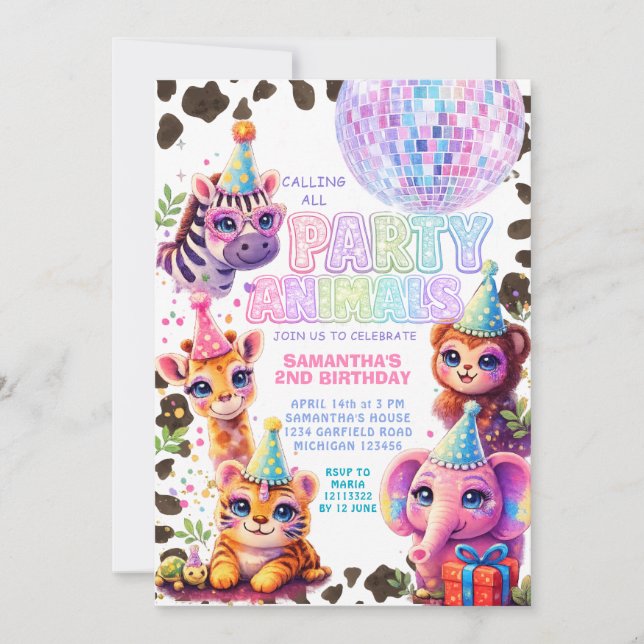 Invitación de cumpleaños de animales fiesteros | D (Anverso)
