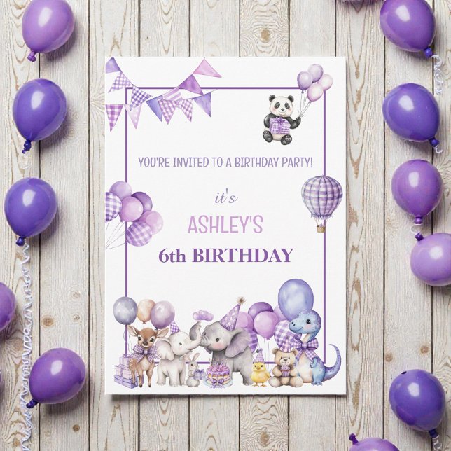 Invitación de cumpleaños de animales morados capri (Subido por el creador)
