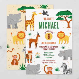 Invitación de cumpleaños de animales salvajes feli