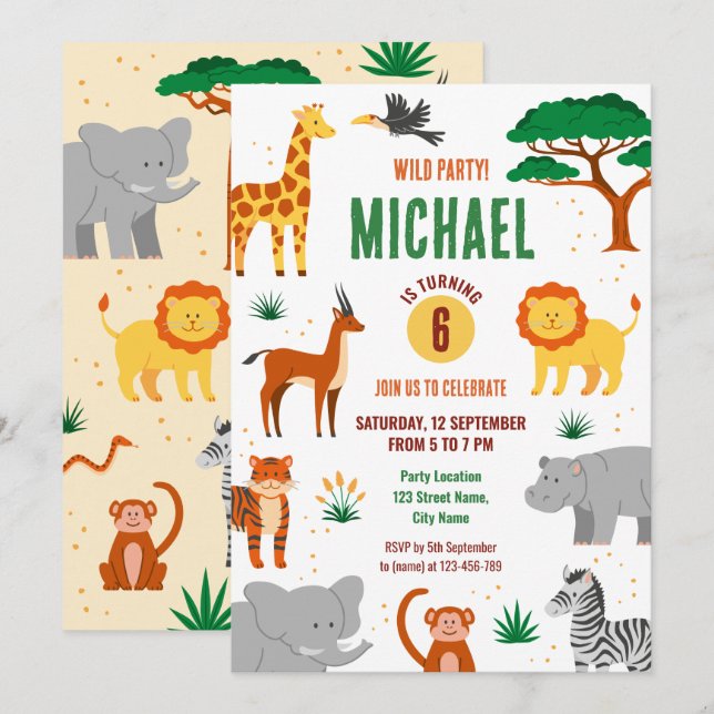 Invitación de cumpleaños de animales salvajes feli (Anverso / Reverso)