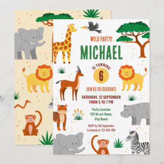 Invitación de cumpleaños de animales salvajes feli