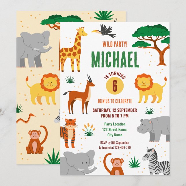 Invitación de cumpleaños de animales salvajes feli (Anverso / Reverso)
