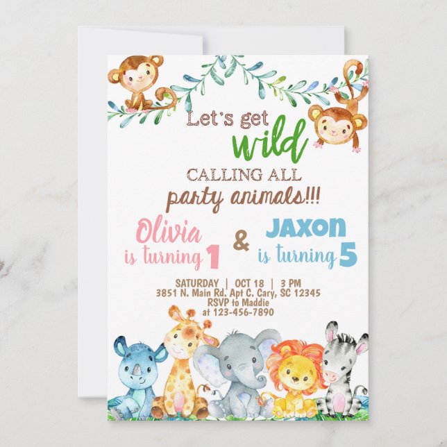 Invitación de cumpleaños de animales salvajes niño (Anverso)