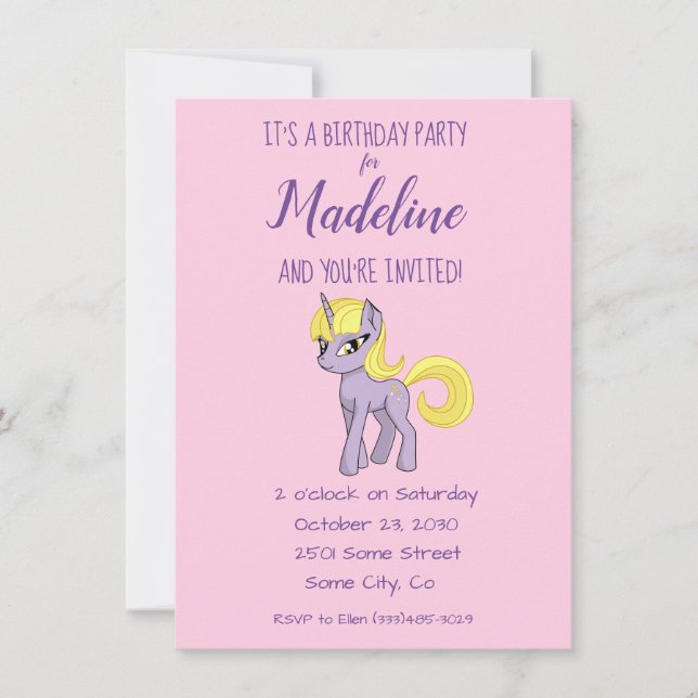 Invitación de cumpleaños de Anime Unicornio Rosa (Anverso)