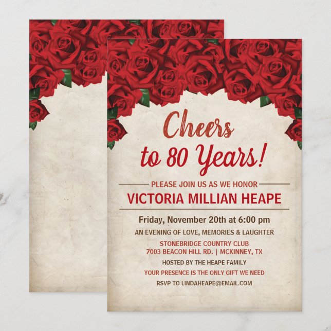 Invitación de cumpleaños de aniversario con rosas  (Anverso / Reverso)