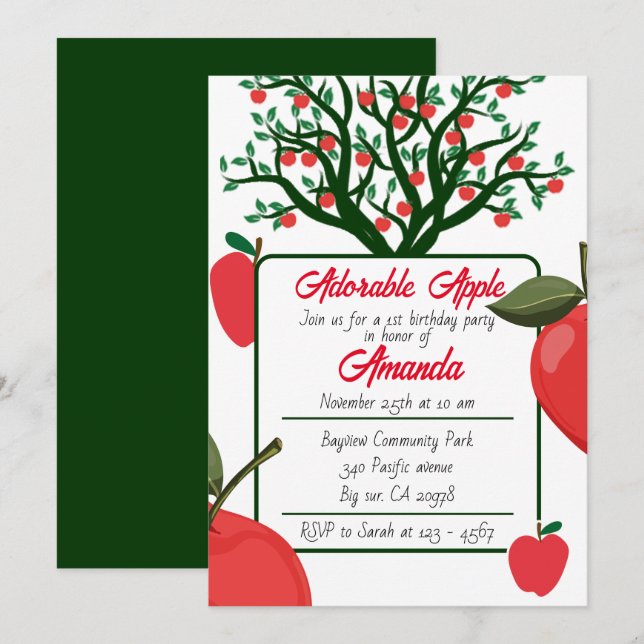 Invitación de cumpleaños de Apple simple y adorabl (Anverso / Reverso)