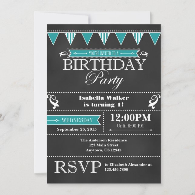 Invitación de cumpleaños de Aqua Blue Chalkboard v (Anverso)