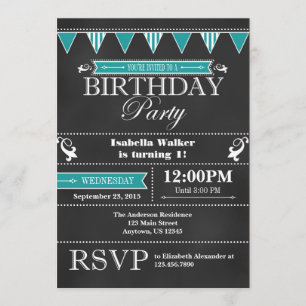Invitación de cumpleaños de Aqua Blue Chalkboard v