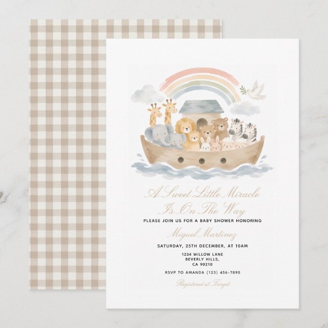 Invitación de Cumpleaños de Arca de Noé en Crema B (Anverso / Reverso)