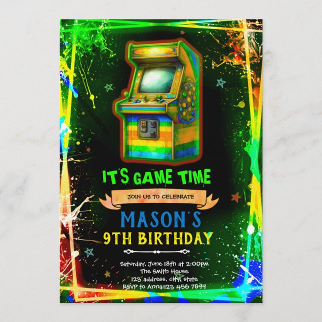 invitación de cumpleaños de arcade con brillo de n (Anverso)