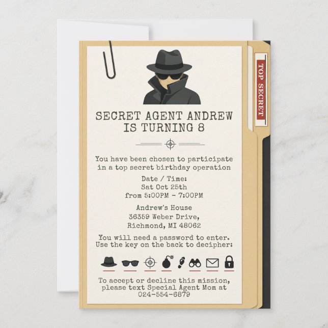 Invitación de cumpleaños de archivo de espía perso (Anverso)