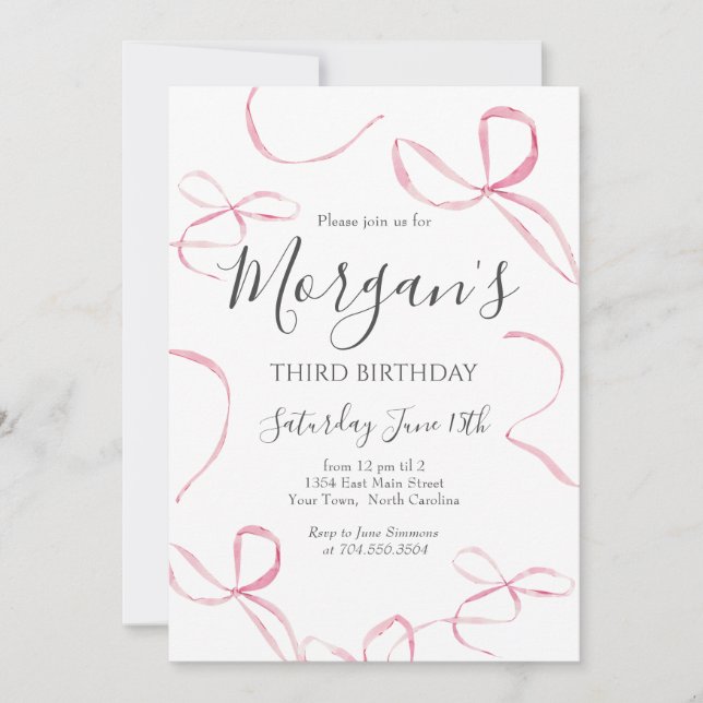 Invitación de cumpleaños de arco rosado, cumpleaño (Anverso)