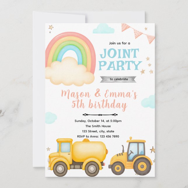 Invitación de cumpleaños de arcoíris de construcci (Anverso)