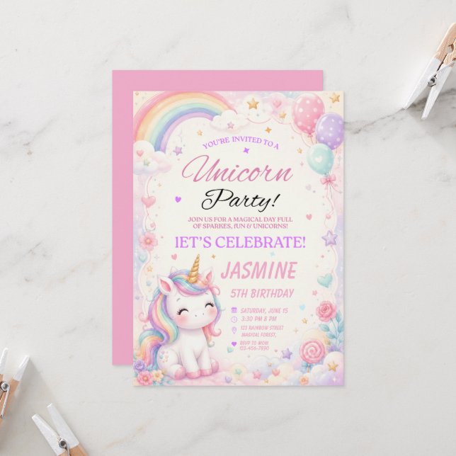 Invitación de cumpleaños de arcoíris de unicornio  (Anverso/Reverso In Situ)