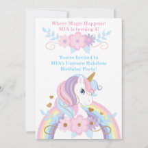 Invitación de cumpleaños de arcoíris de unicornio 