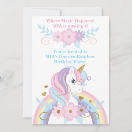Invitación de cumpleaños de arcoíris de unicornio 