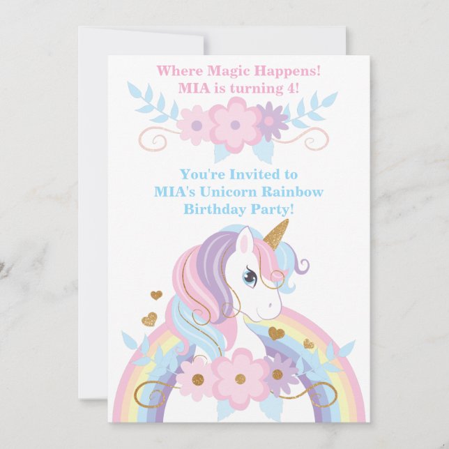 Invitación de cumpleaños de arcoíris de unicornio  (Anverso)