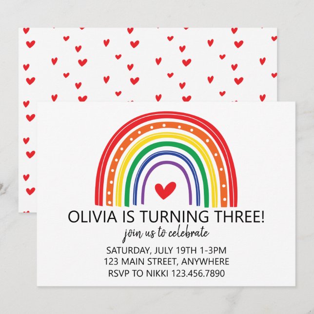Invitación de cumpleaños de arcoíris y corazones (Anverso / Reverso)