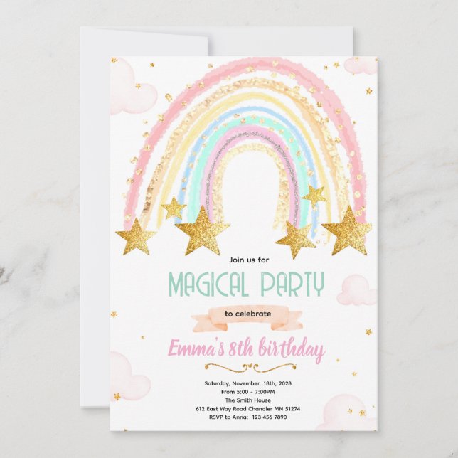invitación de cumpleaños de arcoíris y estrella (Anverso)
