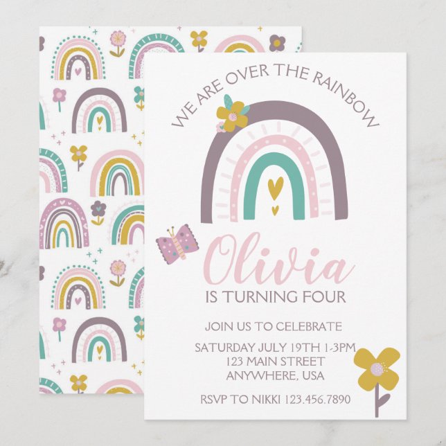 Invitación de cumpleaños de Arcoíris y Flores (Anverso / Reverso)