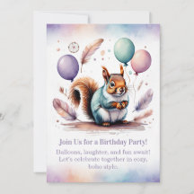 Invitación de cumpleaños de ardilla linda, boho de