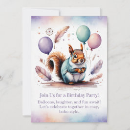 Invitación de cumpleaños de ardilla linda, boho de