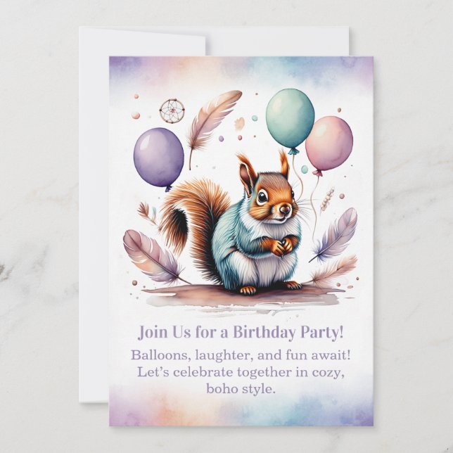 Invitación de cumpleaños de ardilla linda, boho de (Anverso)