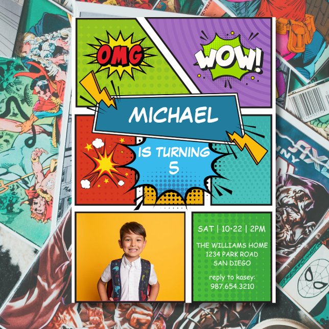 Invitación de cumpleaños de arte pop de superhéroe (Subido por el creador)