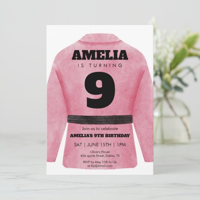 Invitación de cumpleaños de artes marciales rosa p (Anverso de pie)