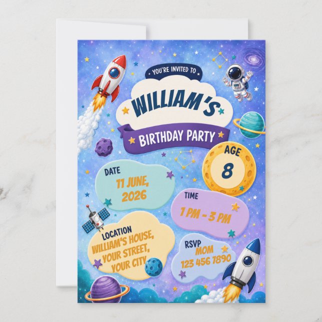invitación de cumpleaños de astronauta (Anverso)