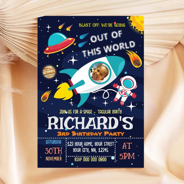 Invitación de cumpleaños de astronauta con foto (Subido por el creador)