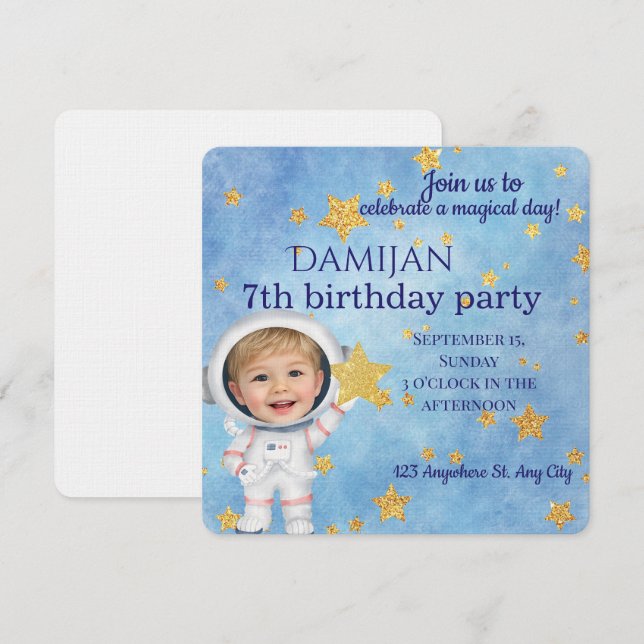 Invitación de cumpleaños de astronauta de Little S (Anverso / Reverso)