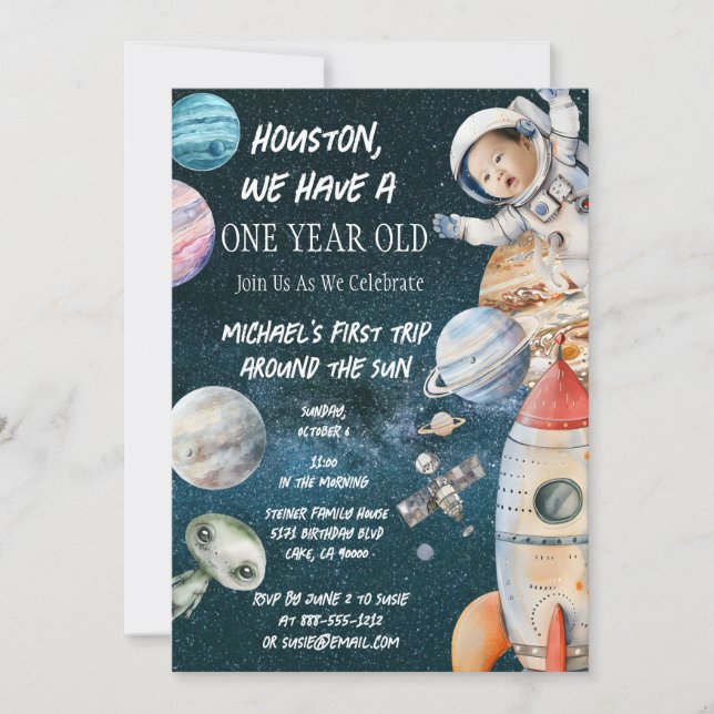 Invitación de cumpleaños de astronauta del espacio (Anverso)
