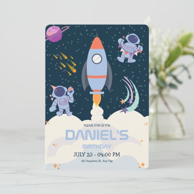 Invitación de cumpleaños de astronauta del espacio (Anverso de pie)