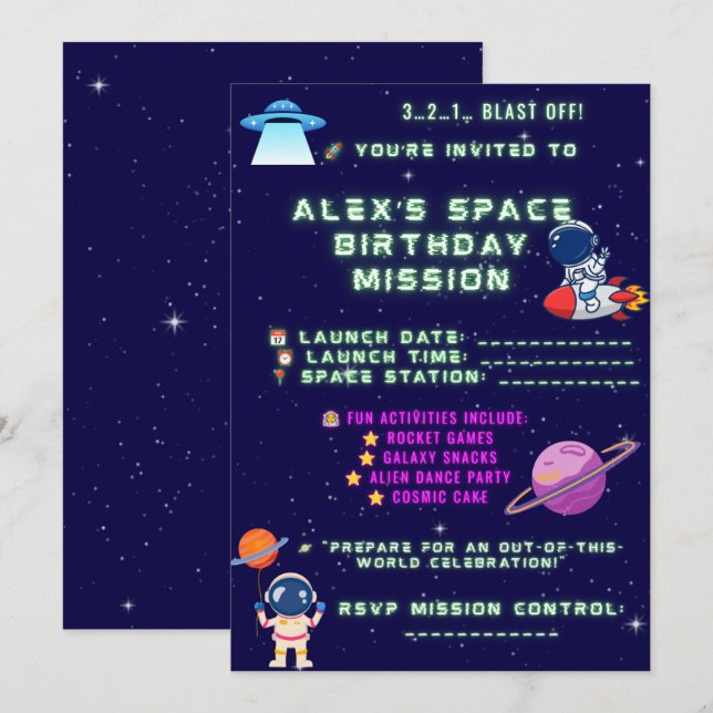 Invitación de cumpleaños de astronauta: ¡Despegue  (Anverso / Reverso)