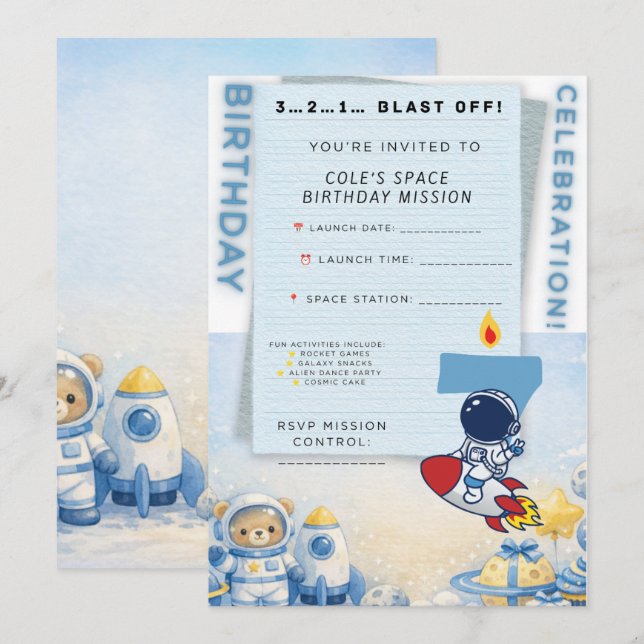 Invitación de cumpleaños de astronauta: ¡Despegue  (Anverso / Reverso)