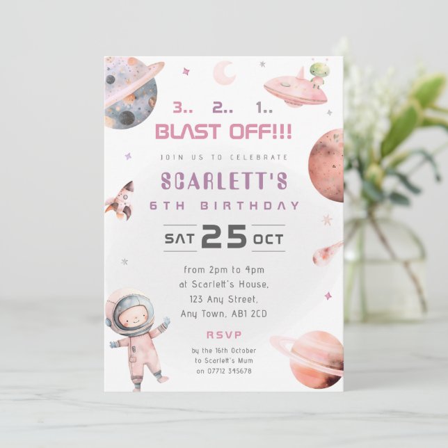 Invitación de cumpleaños de astronauta espacial ro (Anverso de pie)