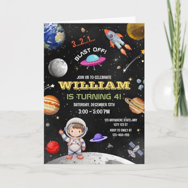 Invitación de cumpleaños de astronauta galaxia del (Anverso)