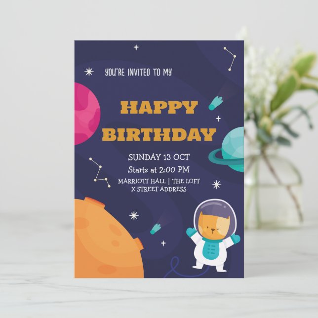invitación de cumpleaños de astronauta para un niñ (Anverso de pie)