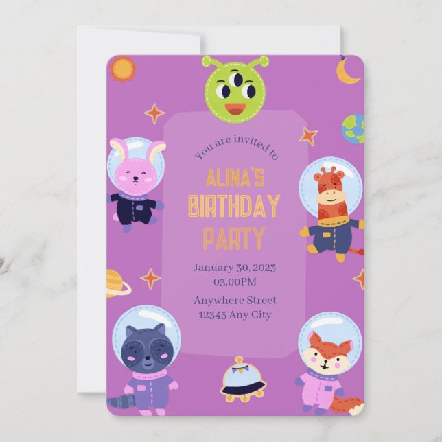 Invitación de cumpleaños de astronautas animales (Anverso)