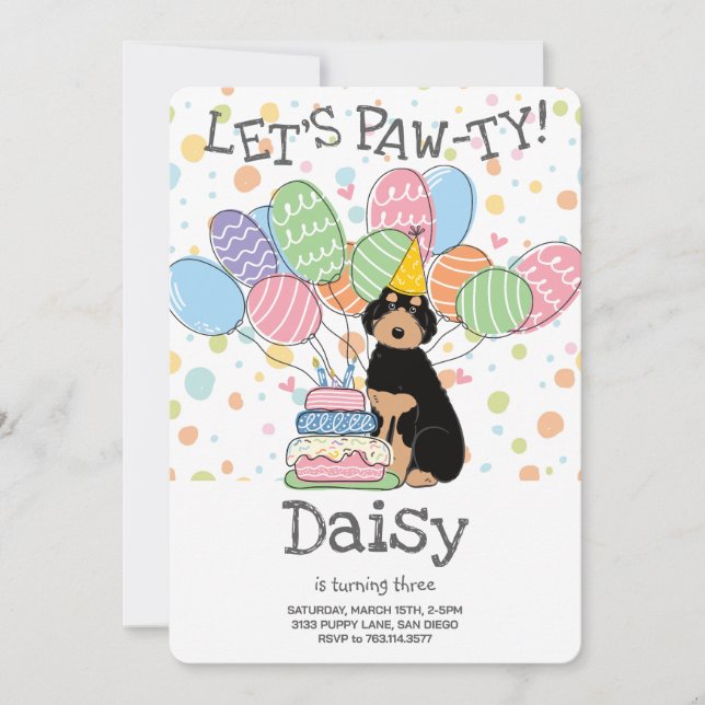 Invitación de cumpleaños de Aussiedoodle negro y c (Anverso)