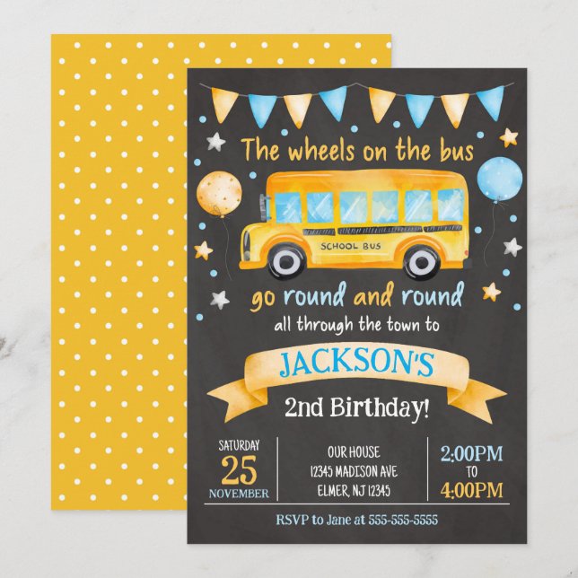 Invitación de cumpleaños de autobús escolar / Rued (Anverso / Reverso)