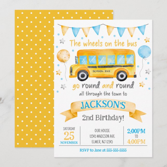 Invitación de cumpleaños de autobús escolar / Rued (Anverso / Reverso)