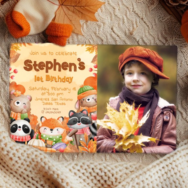 Invitación de cumpleaños de Autumn Woodlands con f (Autumn Woodlands Birthday with Photo Invitation)