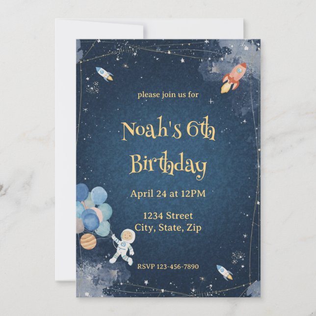  Invitación de cumpleaños de aventura espacial | A (Anverso)