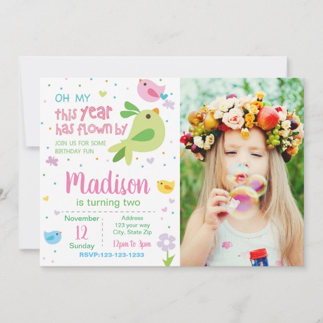 Invitación de cumpleaños de aves con foto (Anverso)